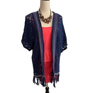 Vintage America Open Front Cardigan Blue and Pink Crochet Fringe Large